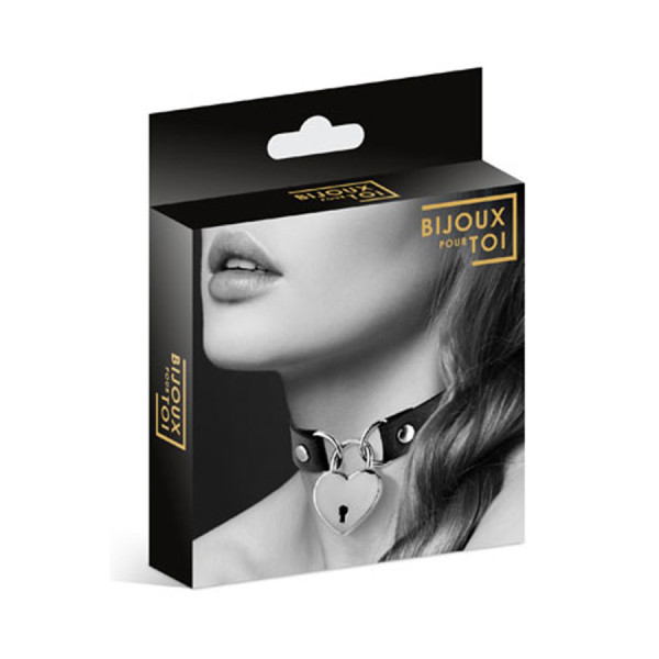 Collier en cuir noir SM avec pendentif cadenas coeur argenté 